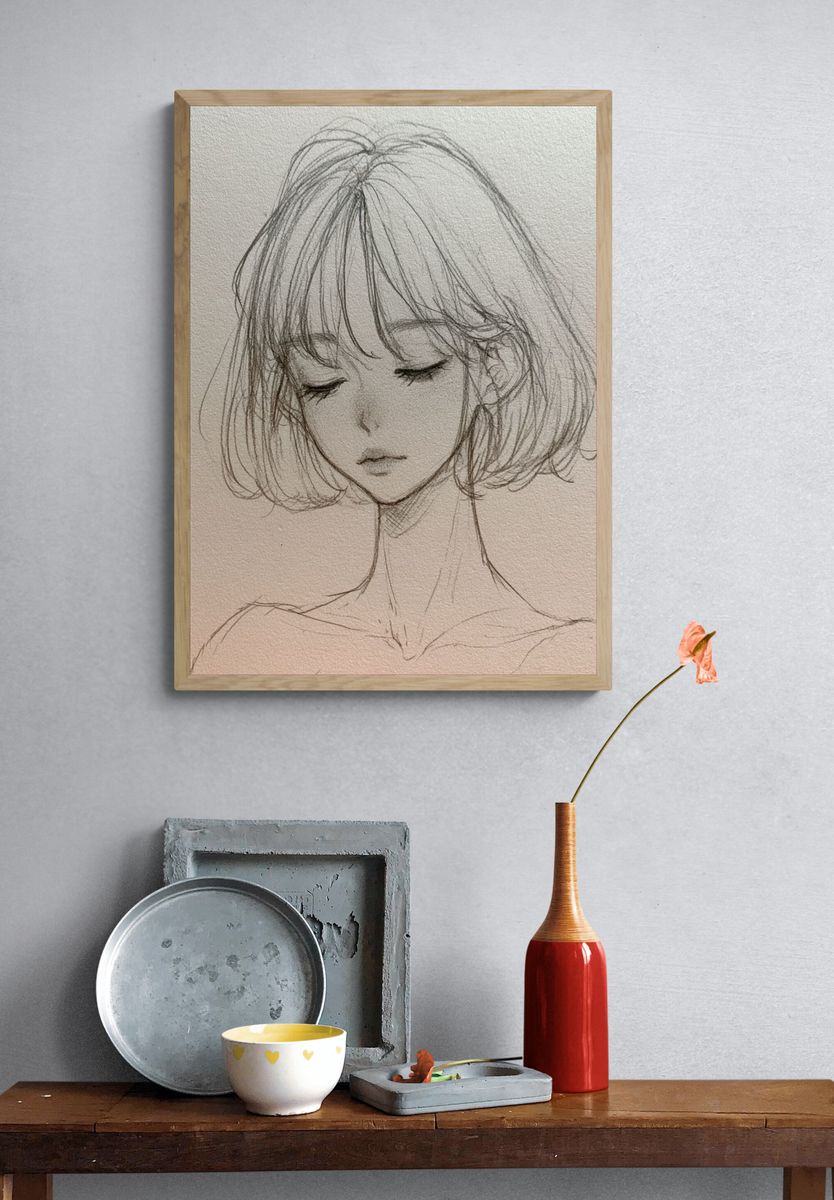 Serene Girl Sketch Poster. — room view 3