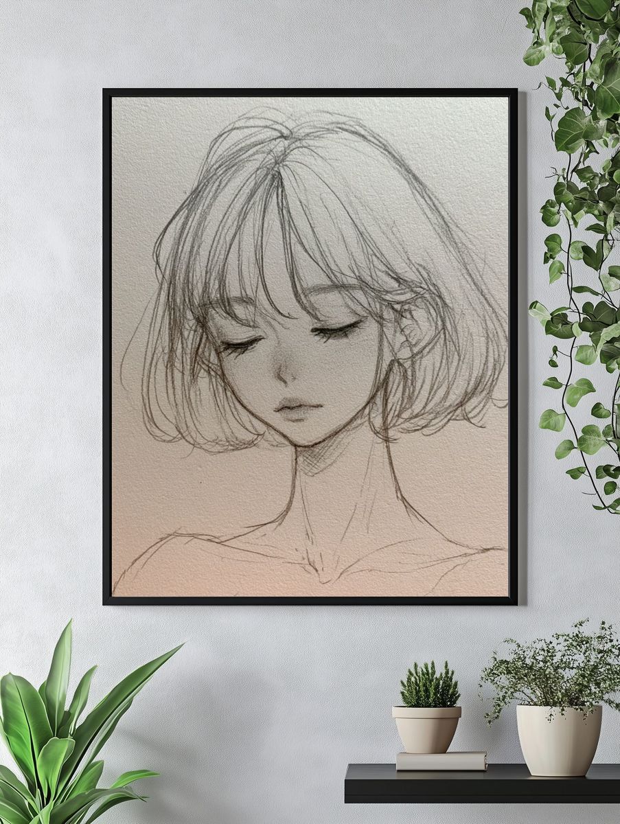 Serene Girl Sketch Poster. — room view 4