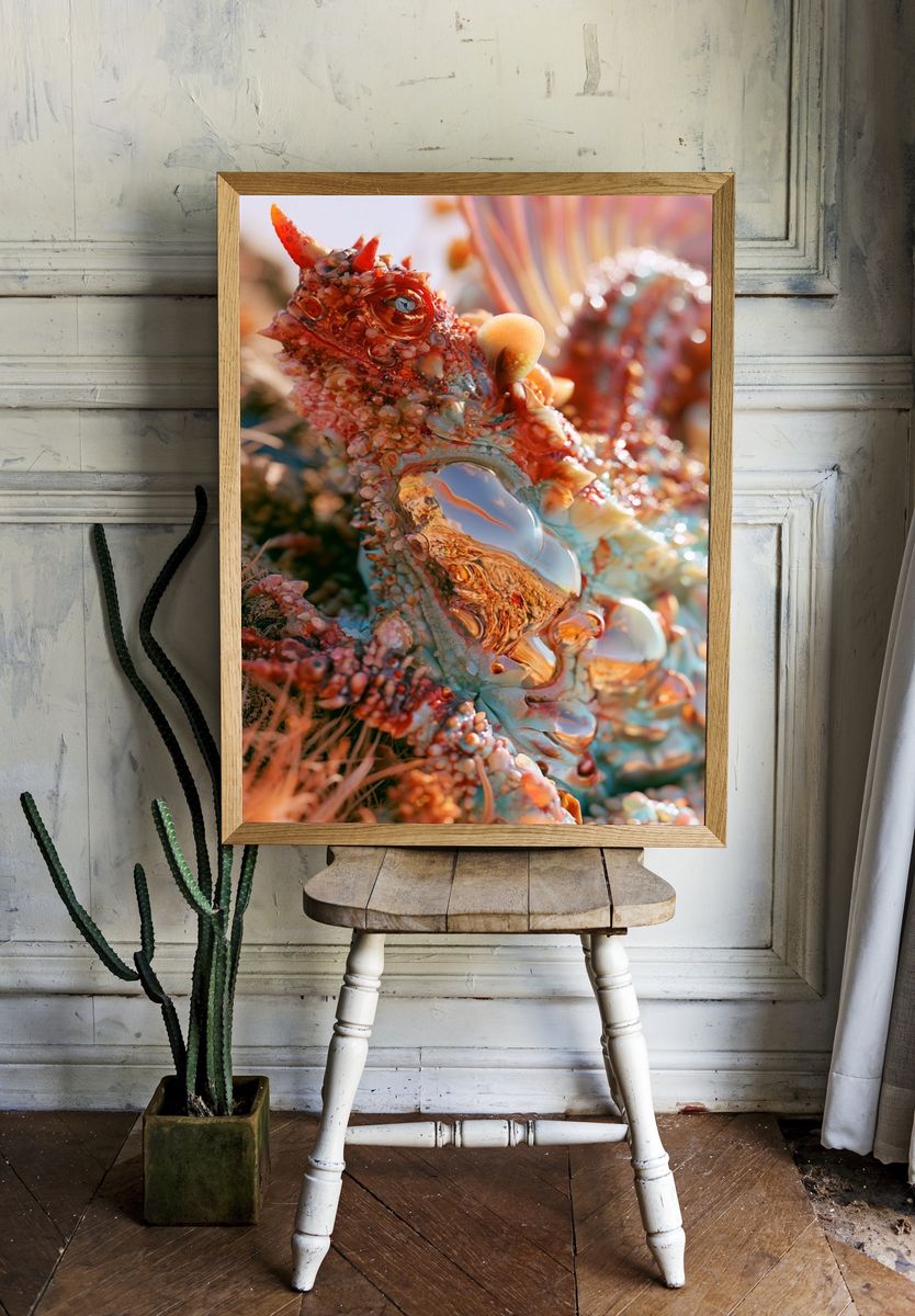 Coral Dragon Fantasy Illustration Poster. — room view 1
