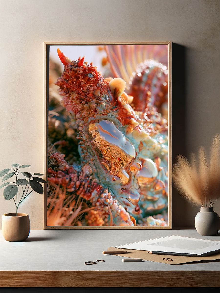 Coral Dragon Fantasy Illustration Poster. — room view 2