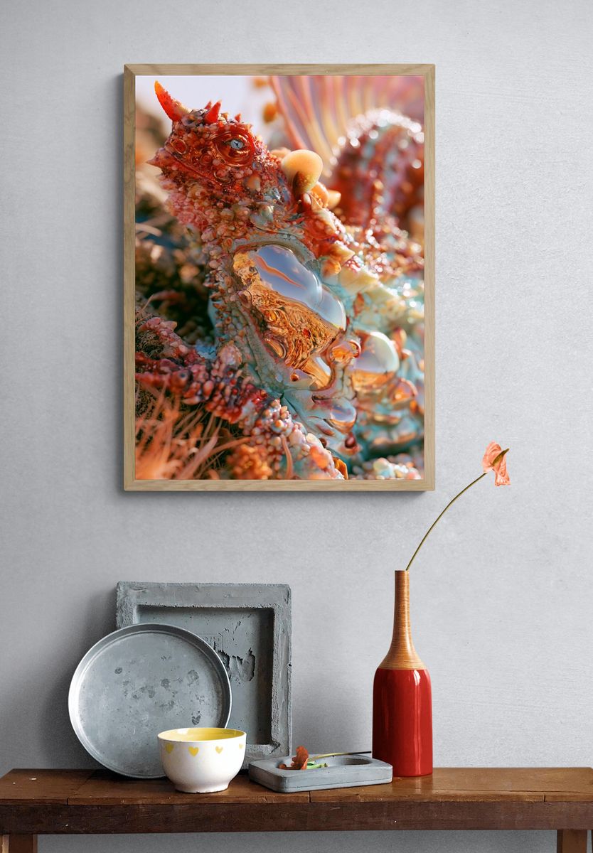 Coral Dragon Fantasy Illustration Poster. — room view 3