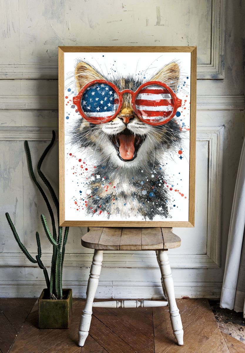 Patriotic Cat Watercolor Poster. room preview