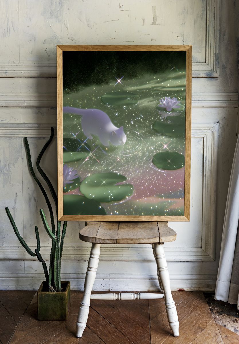 Dreamy White Cat Pond Print. — room view 1