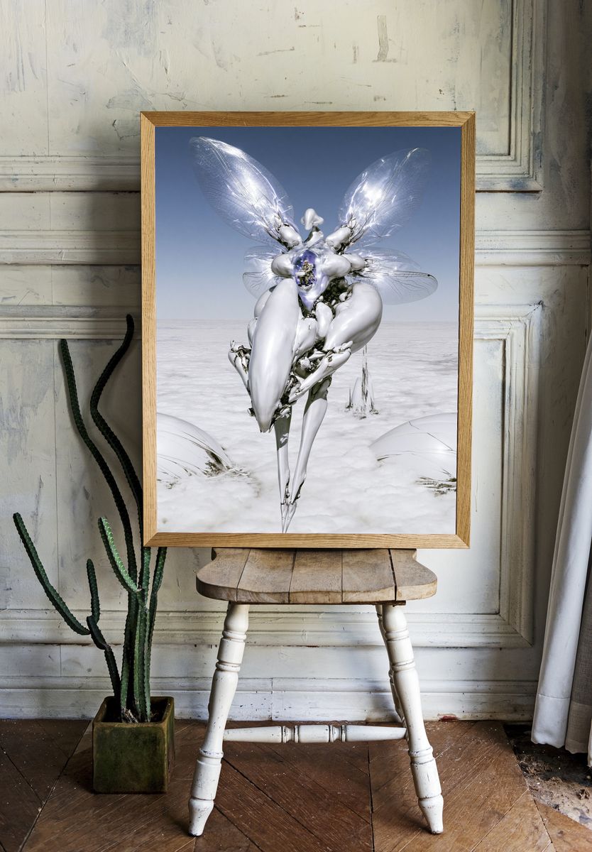 Surreal Silver Insect Print. room preview