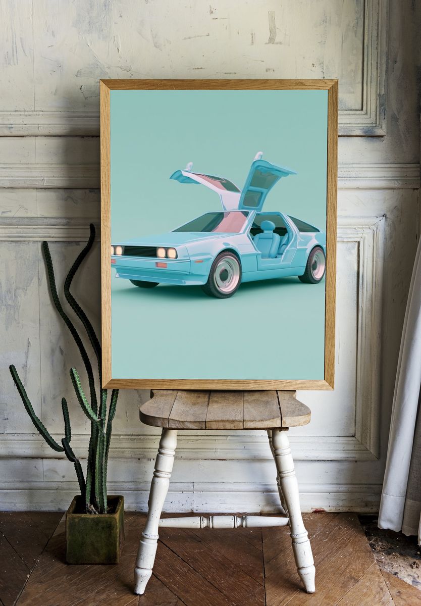 Pastel DeLorean Car Illustration Poster. room preview