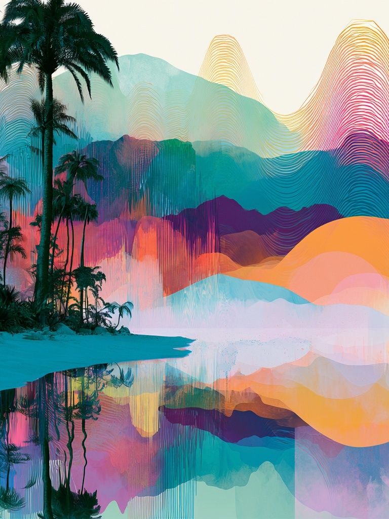 Tropical Neon Landscape Print. poster — illustration art