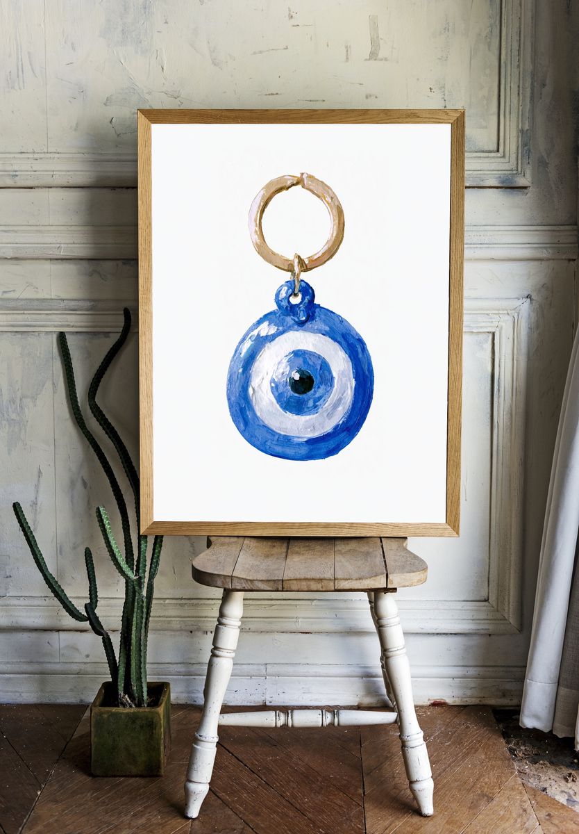 Blue Evil Eye Charm Print. room preview