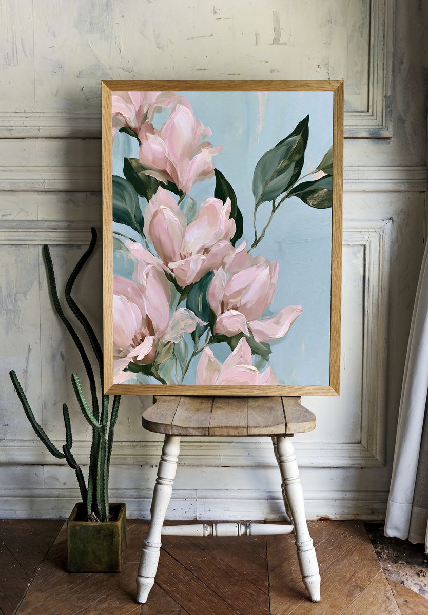 Pink Magnolia Bloom Illustration Poster. — room view 1
