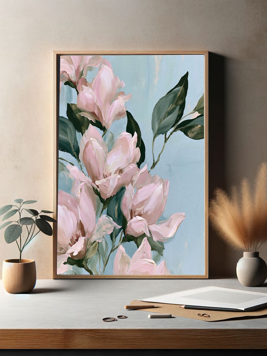 Pink Magnolia Bloom Illustration Poster. — room view 2