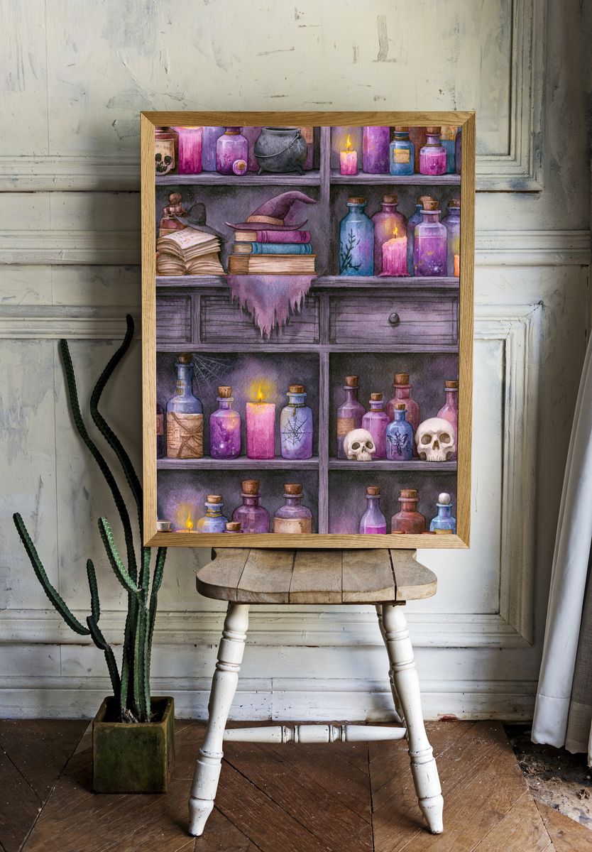 Witchy Apothecary Shelf Illustration Poster. room preview