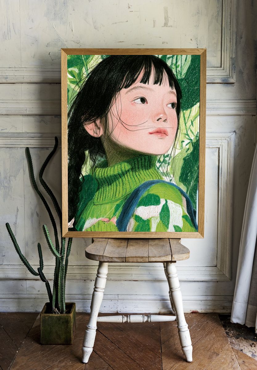 Girl in Green Foliage Illustration Poster. room preview