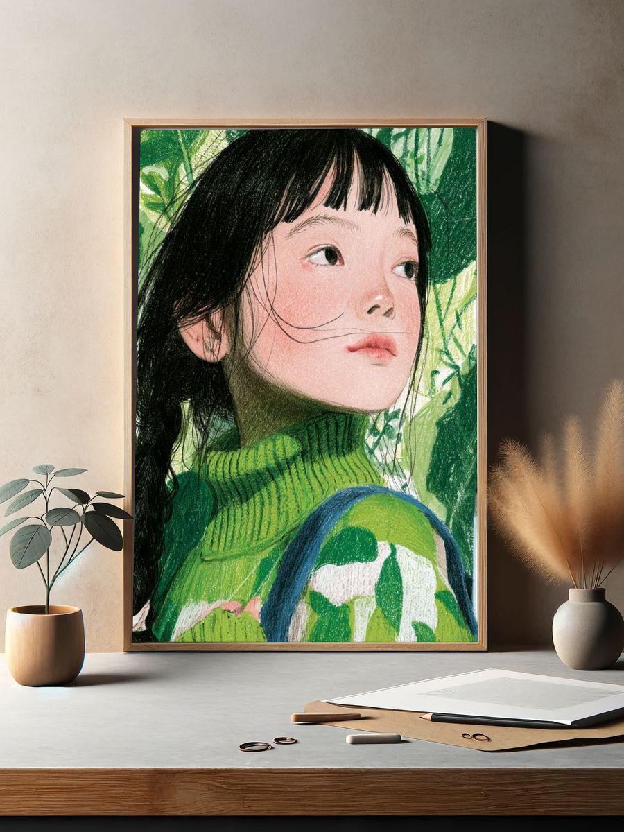 Girl in Green Foliage Illustration Poster. — room view 2
