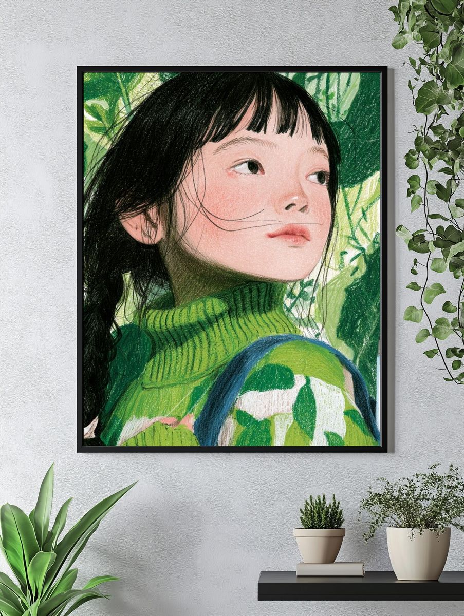 Girl in Green Foliage Illustration Poster. — room view 4