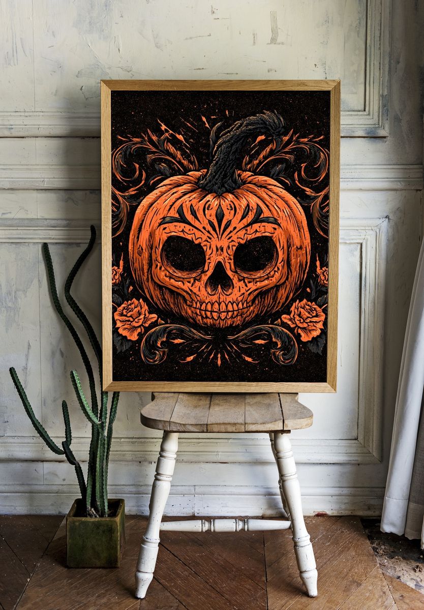 Pumpkin Skull Halloween Illustration Poster. — room view 1