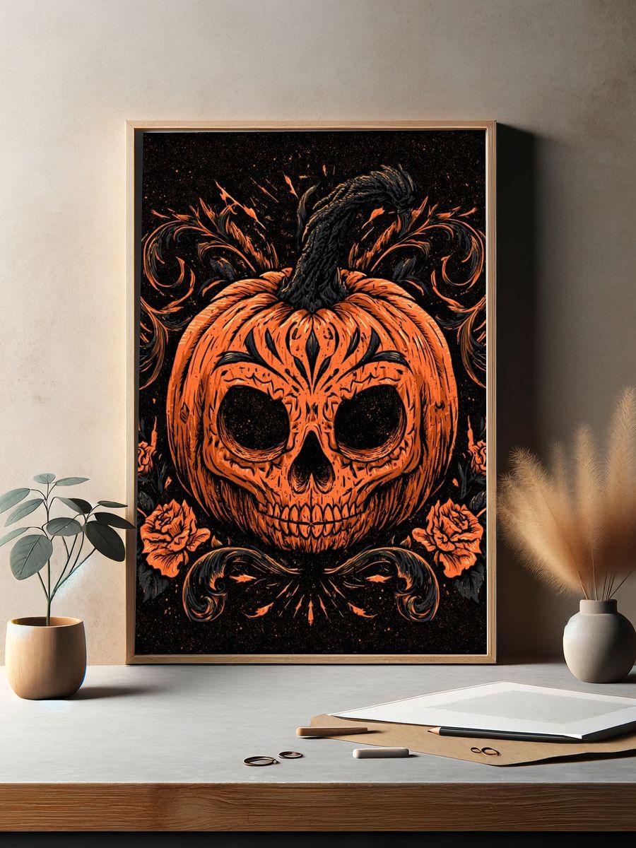 Pumpkin Skull Halloween Illustration Poster. — room view 2