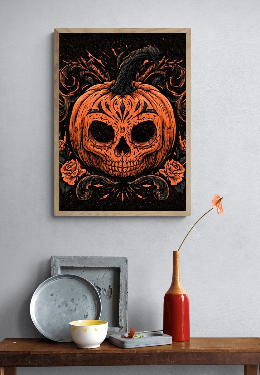 Pumpkin Skull Halloween Illustration Poster. — room view 3