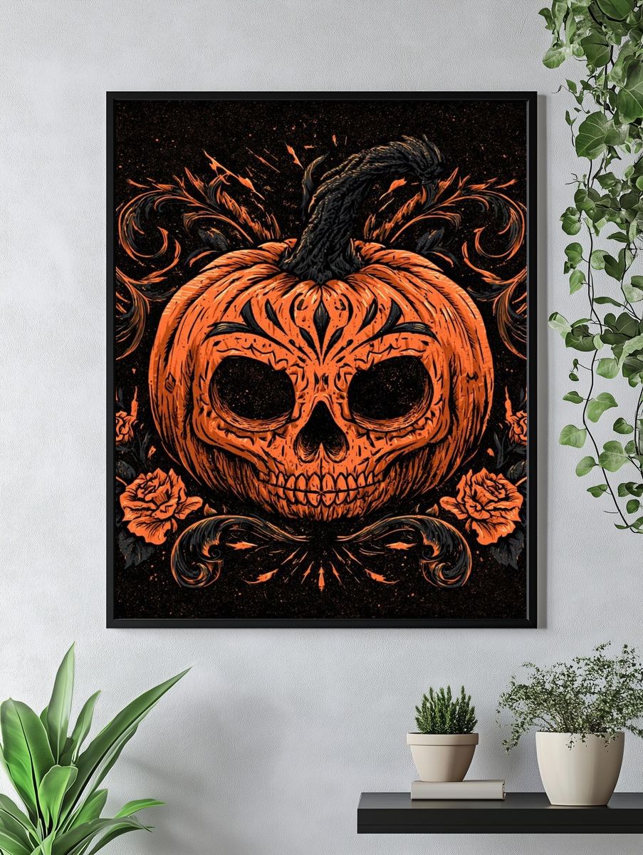 Pumpkin Skull Halloween Illustration Poster. — room view 4