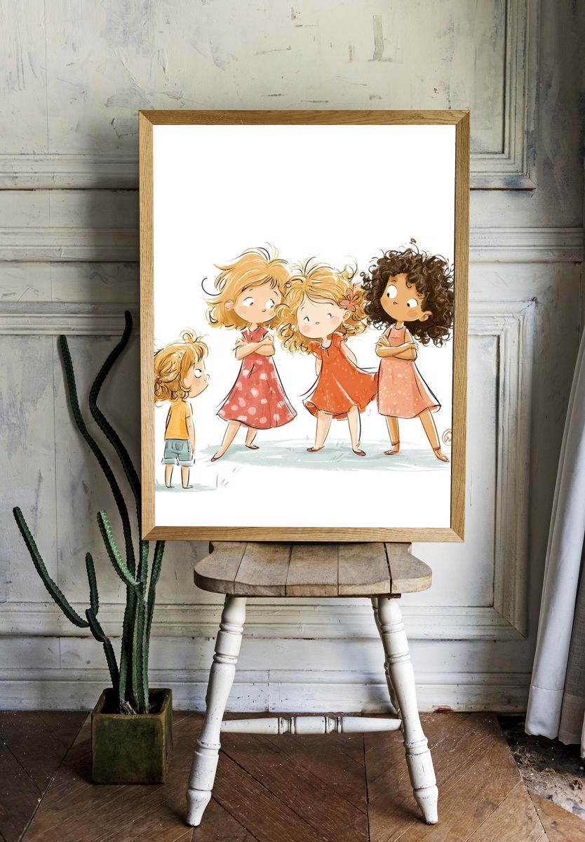 Playful Girls Illustration Poster. room preview