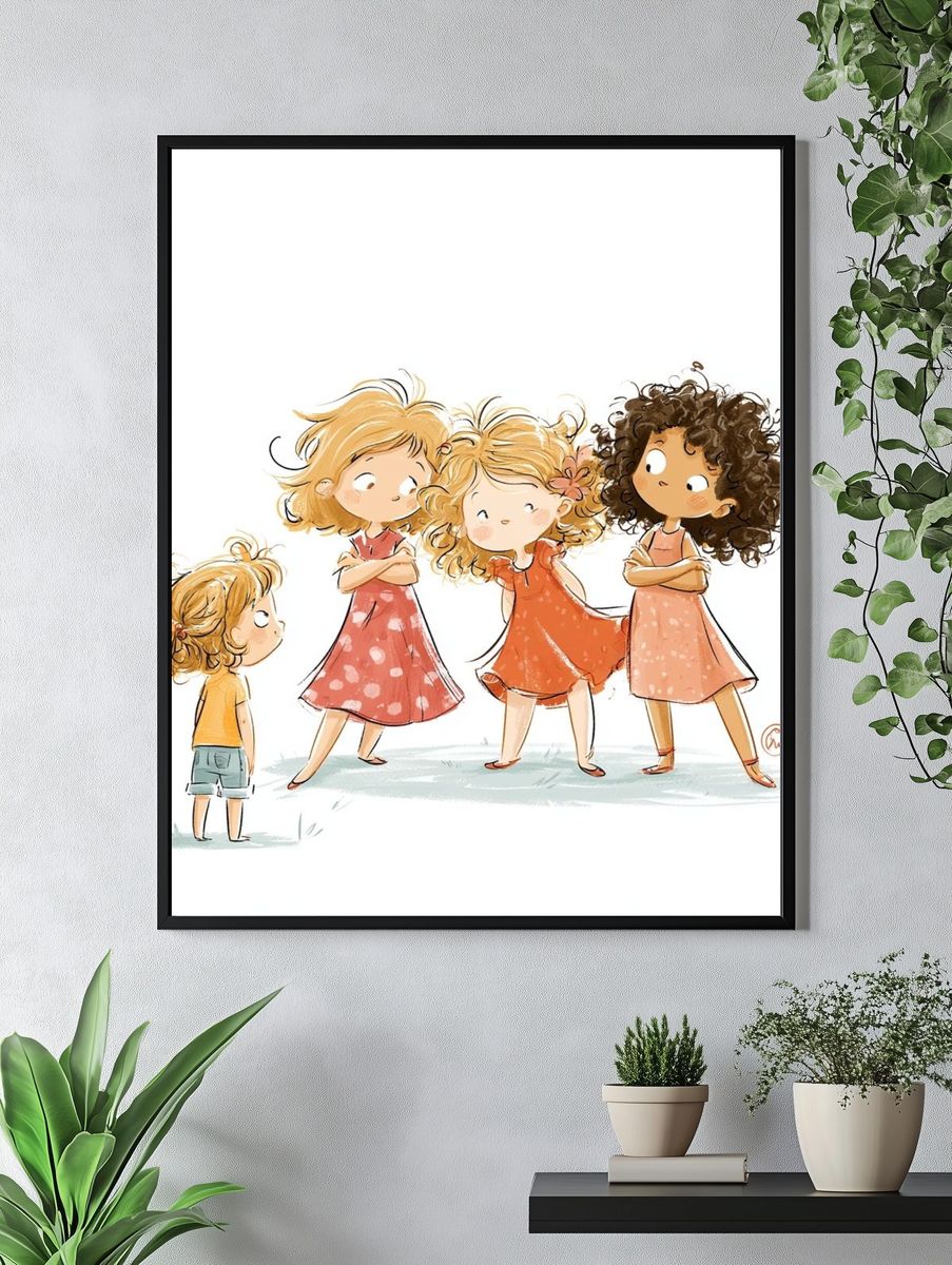 Playful Girls Illustration Poster. — room view 4
