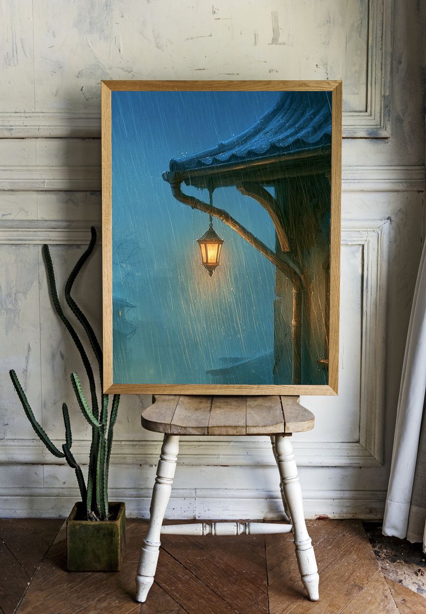 Rainy Lantern Cottage Illustration Print. room preview