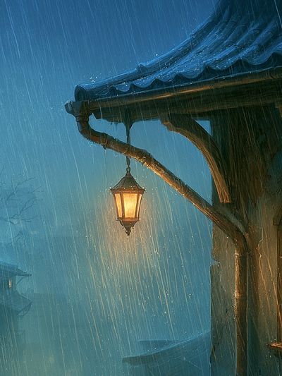 Rainy Lantern Cottage Illustration Print. poster