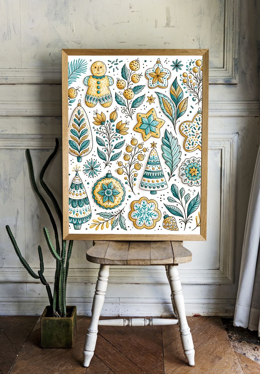 Festive Ornaments Illustration Poster. — room view 1