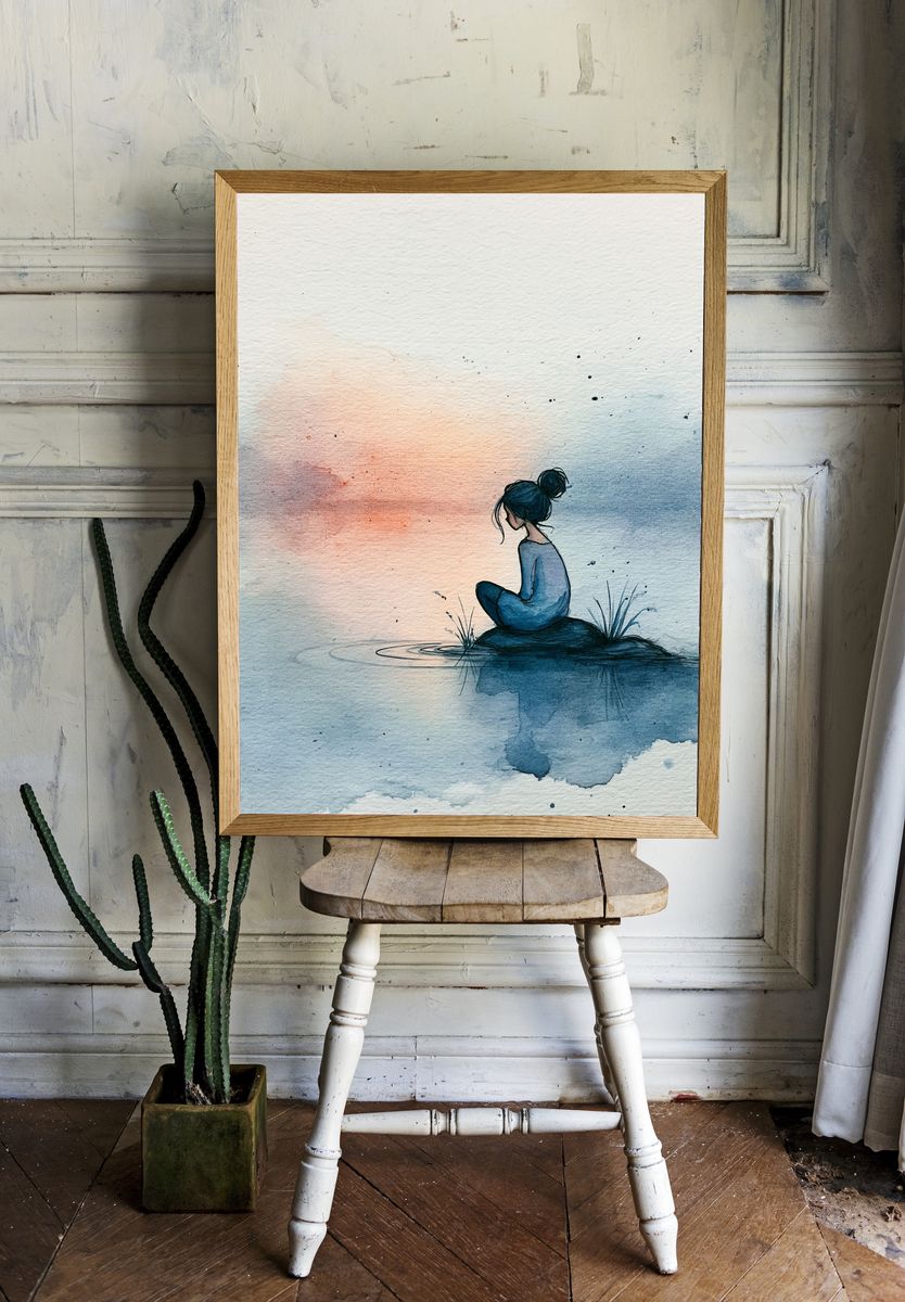 Solitude by the Water Watercolor Print. room preview