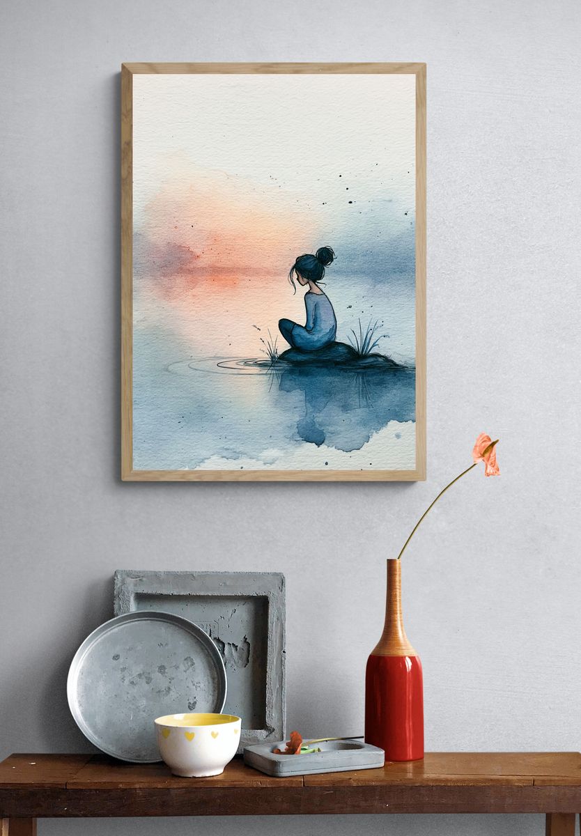 Solitude by the Water Watercolor Print. — room view 3
