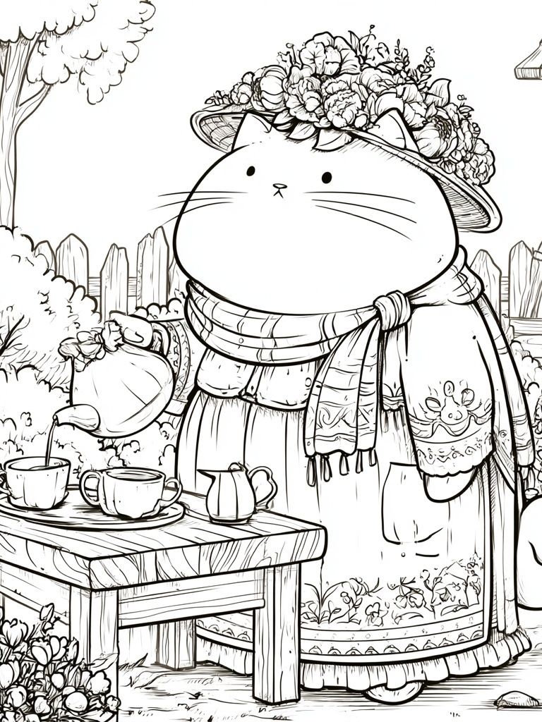 Garden Cat Tea Party Print. poster — illustration art