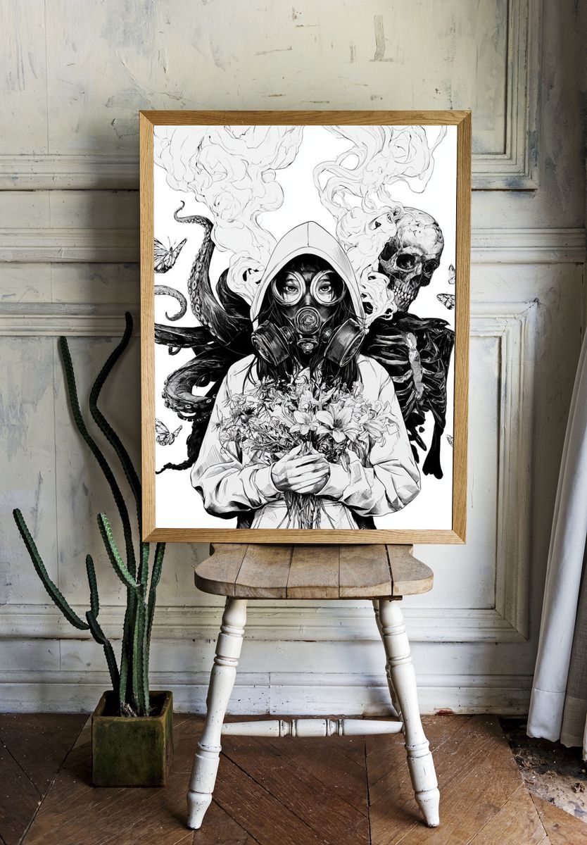Gas Mask Girl Surreal Illustration Poster. room preview