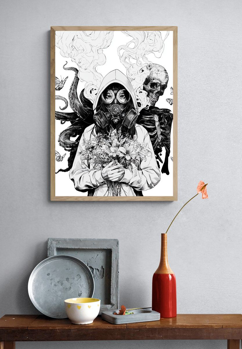 Gas Mask Girl Surreal Illustration Poster. — room view 3