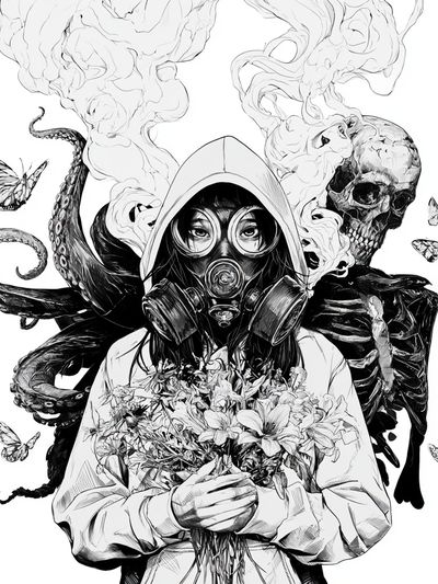 Gas Mask Girl Surreal Illustration Poster. poster