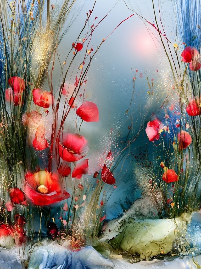Dreamy Poppy Meadow Illustration Poster. poster detail