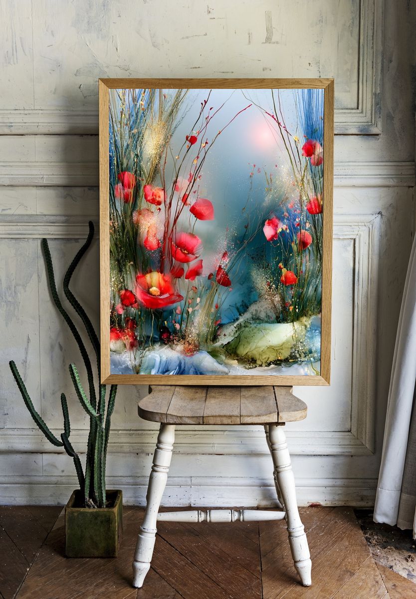 Dreamy Poppy Meadow Illustration Poster. — room view 1