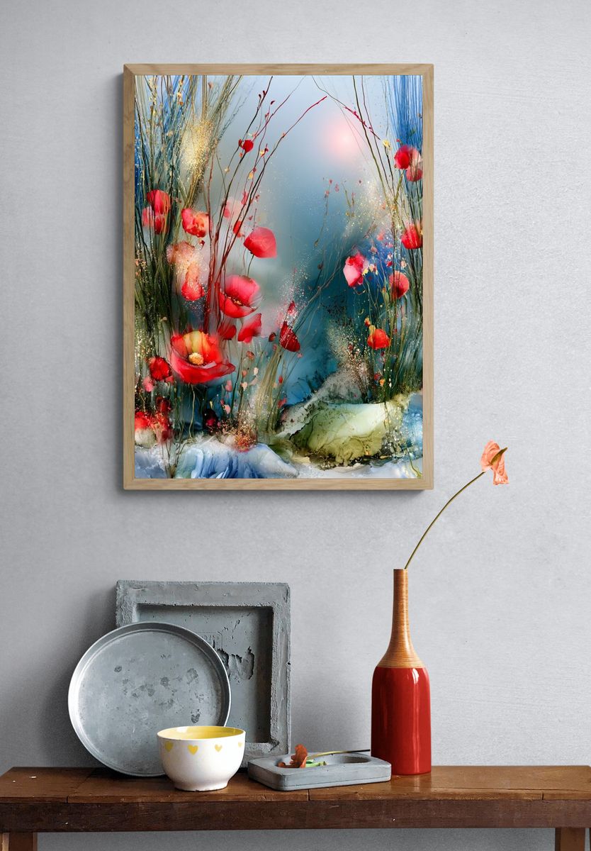 Dreamy Poppy Meadow Illustration Poster. — room view 3