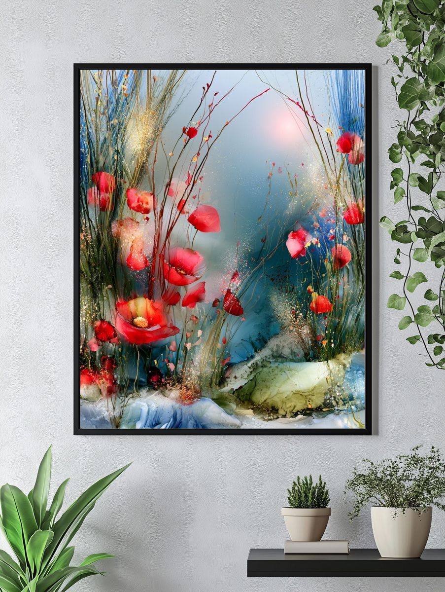 Dreamy Poppy Meadow Illustration Poster. — room view 4