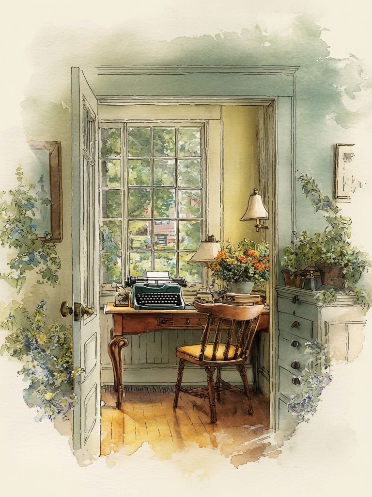 Sunlit Writing Room Watercolor Print. poster detail