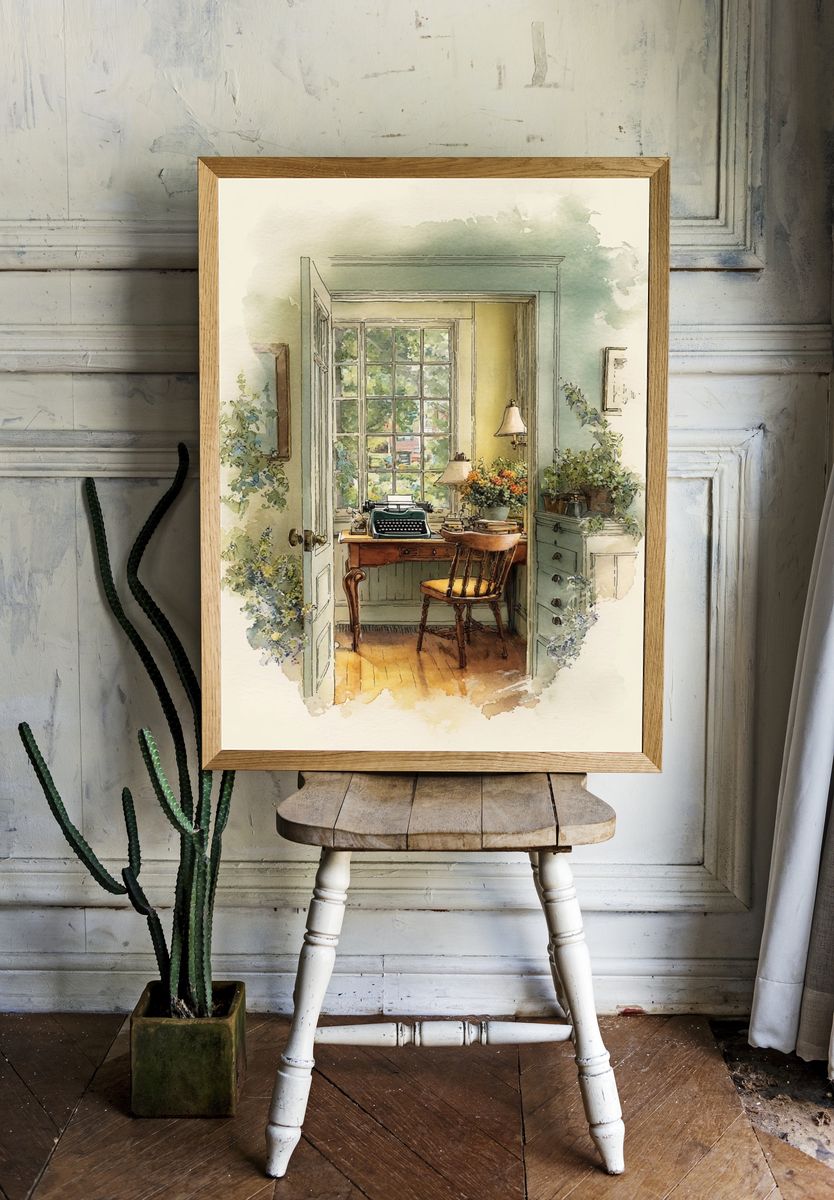 Sunlit Writing Room Watercolor Print. — room view 1