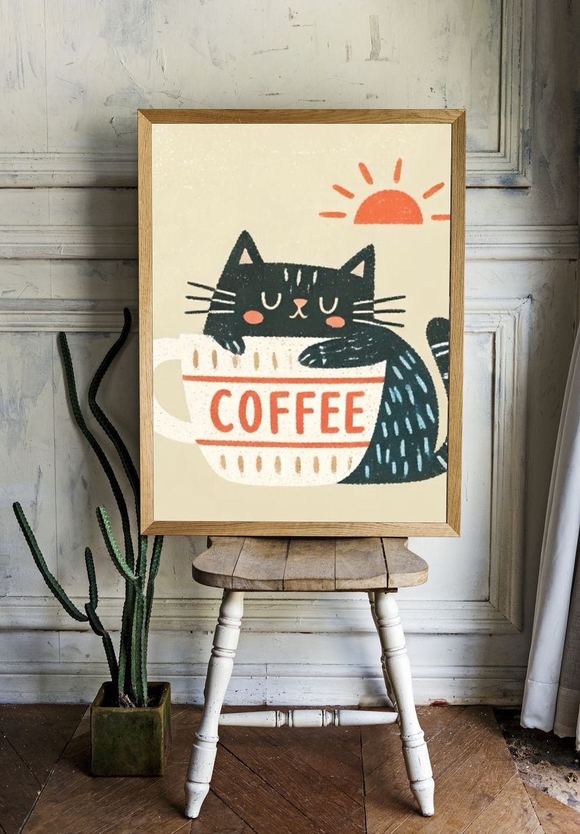 Cat in Coffee Mug Illustration Poster. — room view 1