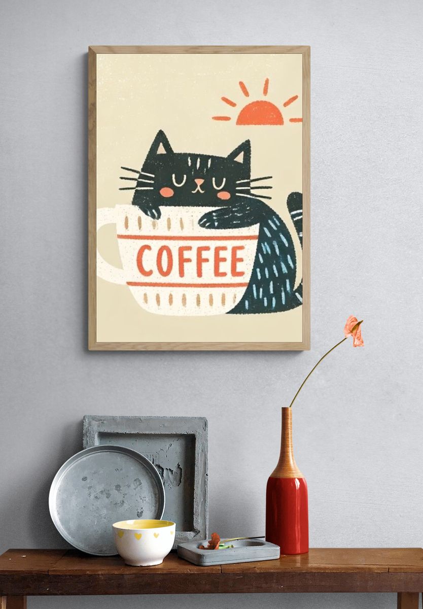 Cat in Coffee Mug Illustration Poster. — room view 3