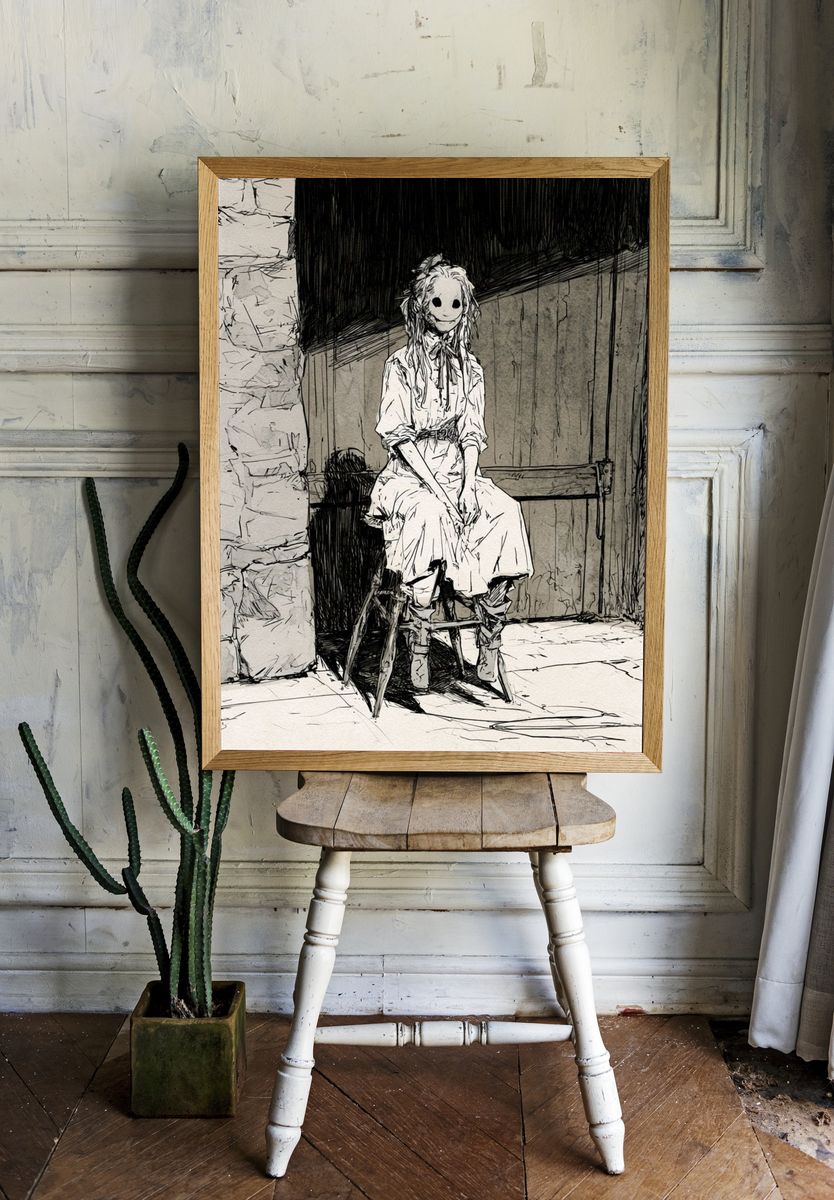 Masked Girl Ink Illustration Poster. — room view 1