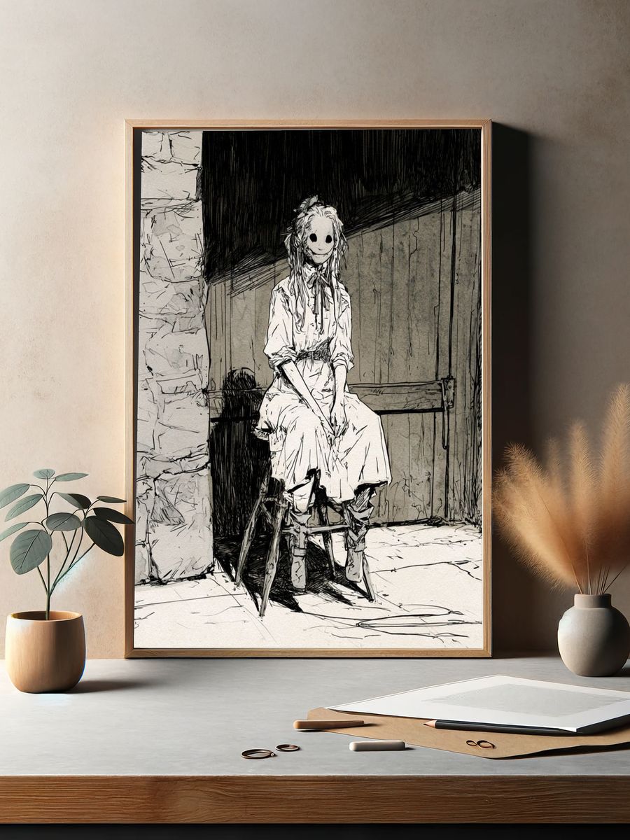 Masked Girl Ink Illustration Poster. — room view 2