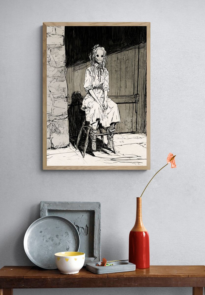 Masked Girl Ink Illustration Poster. — room view 3