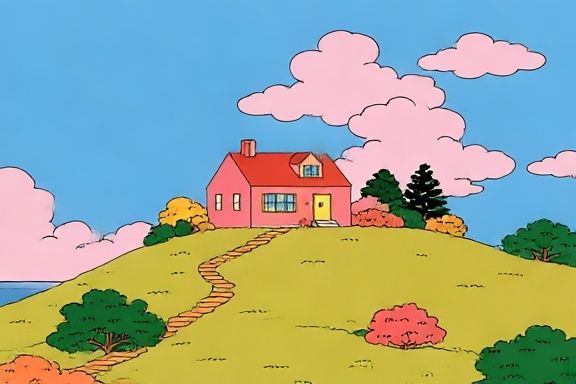 Pink House on the Hill Illustration Poster. poster detail
