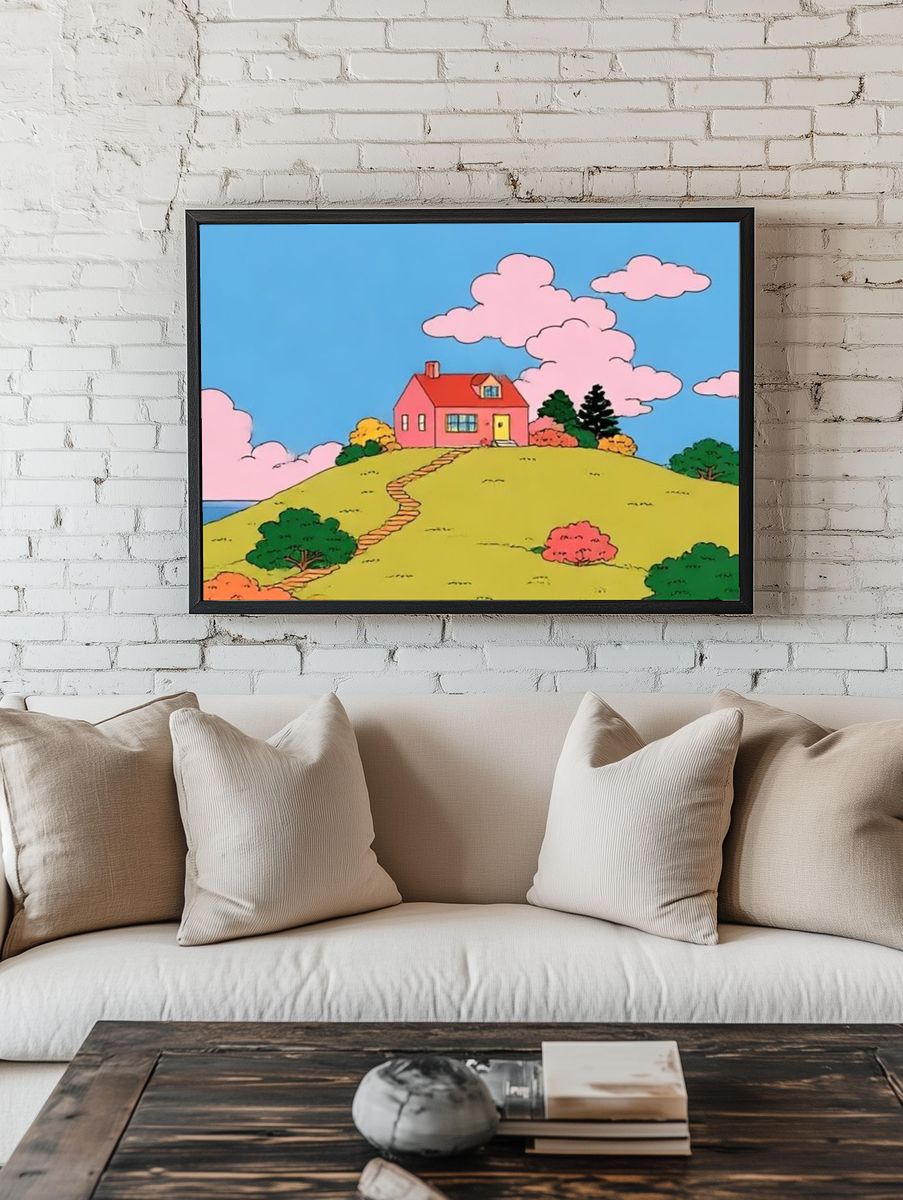 Pink House on the Hill Illustration Poster. — room view 1