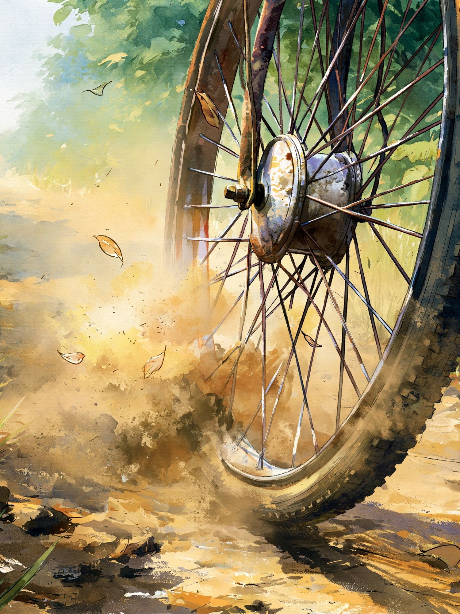 Bicycle Wheel Trail Watercolor Poster. poster — illustration art