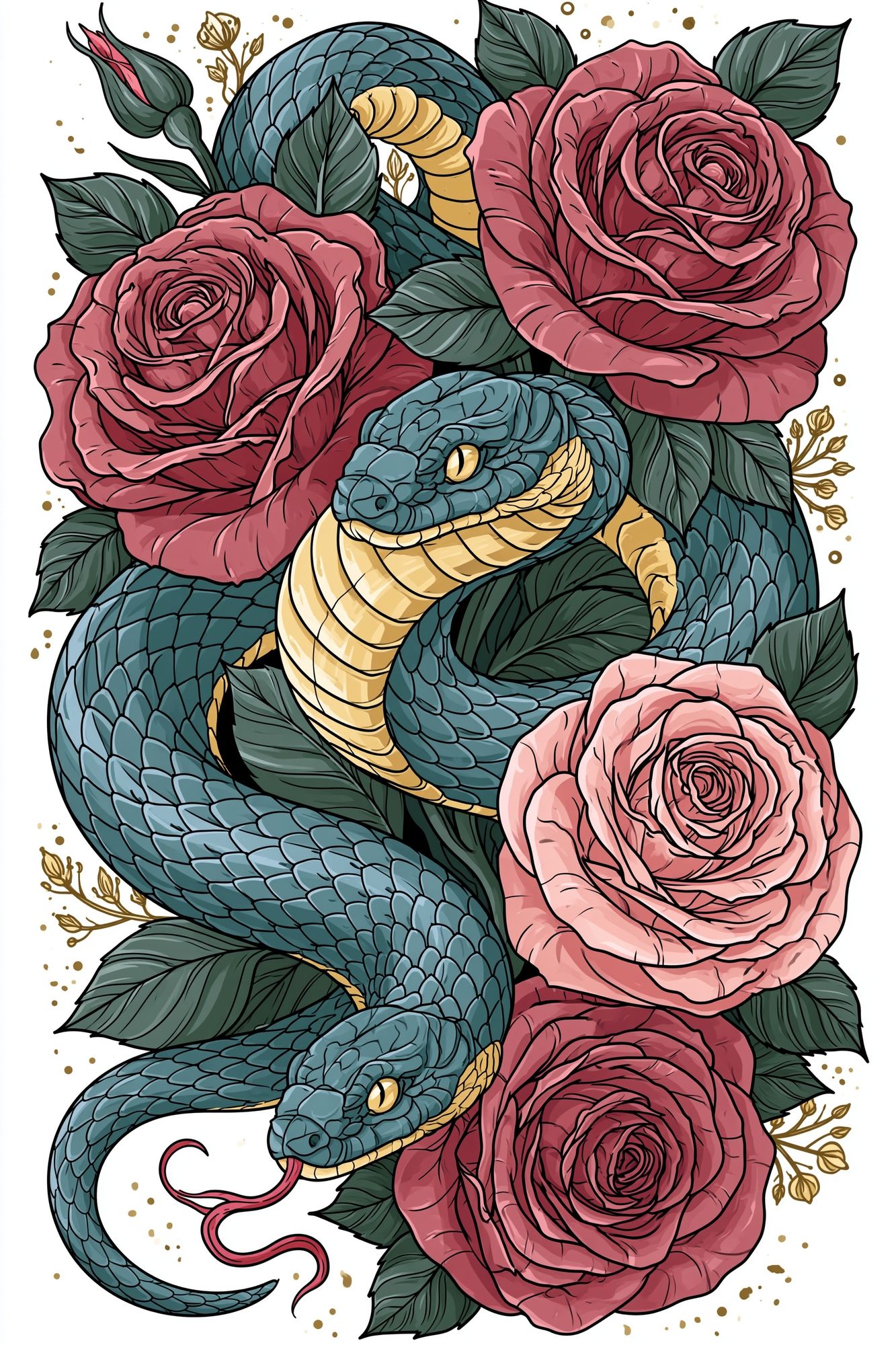 Snake and Roses Illustration Poster. poster detail