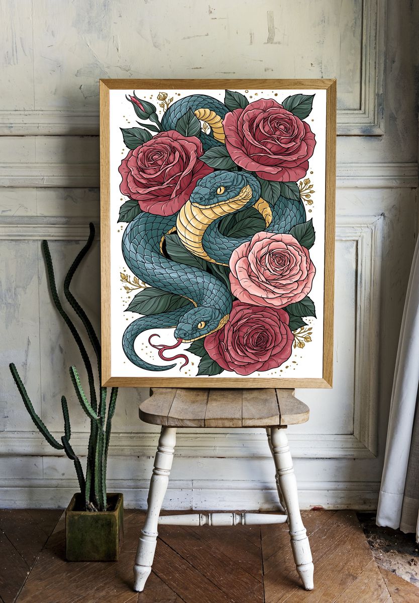 Snake and Roses Illustration Poster. — room view 1