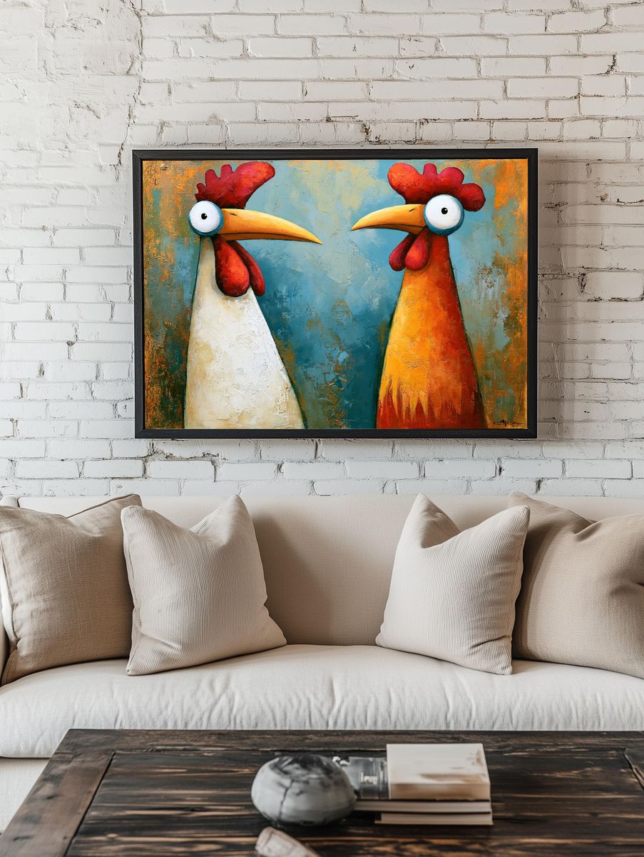 Two Rooster Portrait Poster. — room view 1