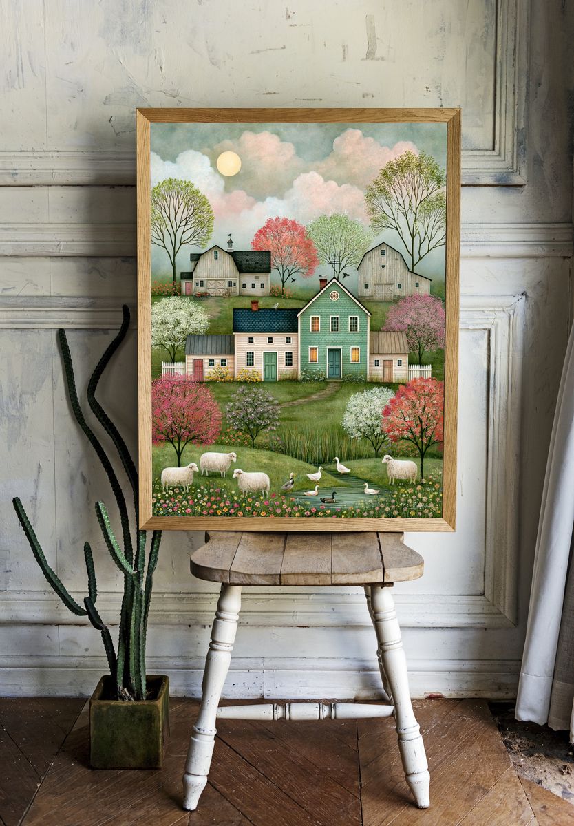Pastoral Farmhouse Landscape Print. — room view 1